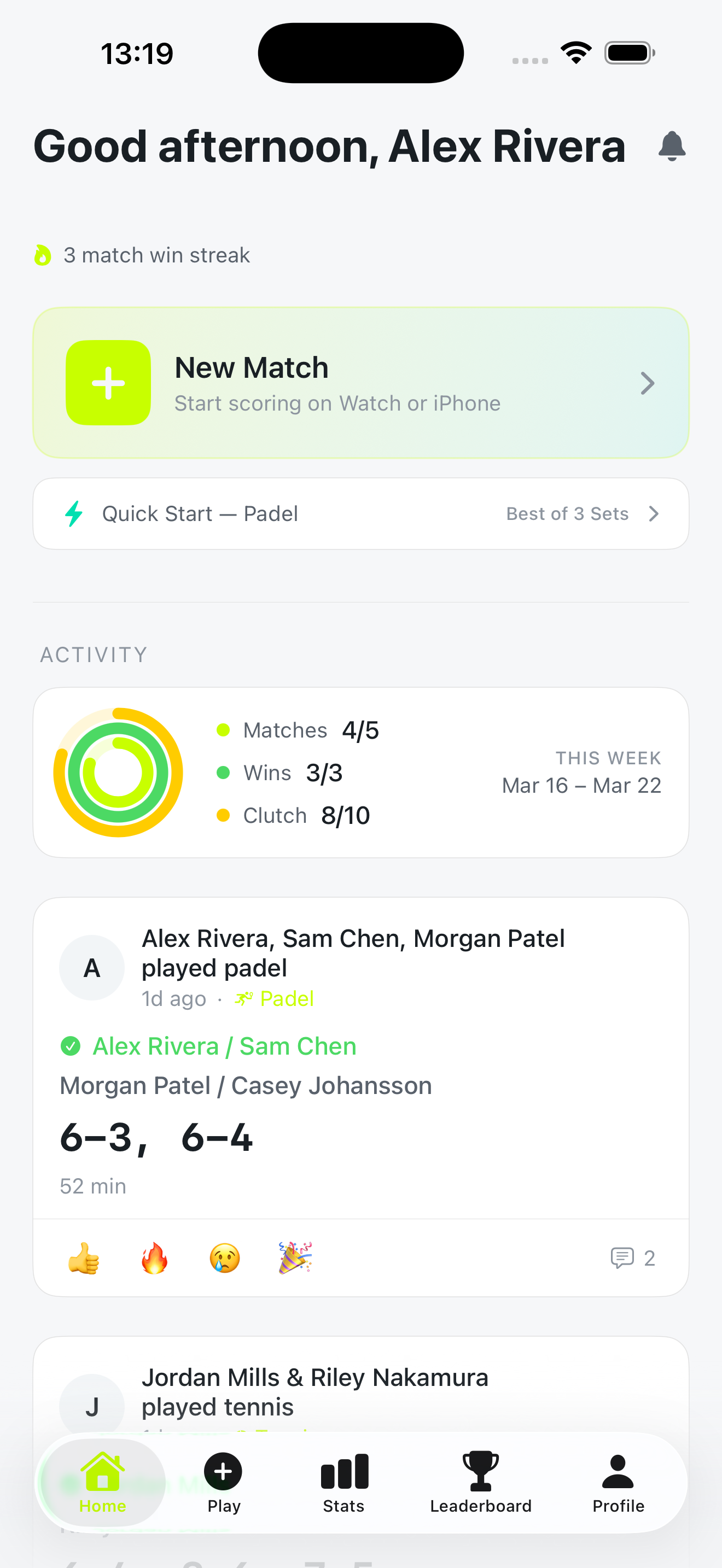 Rallyd home feed showing activity, win streak, and match results