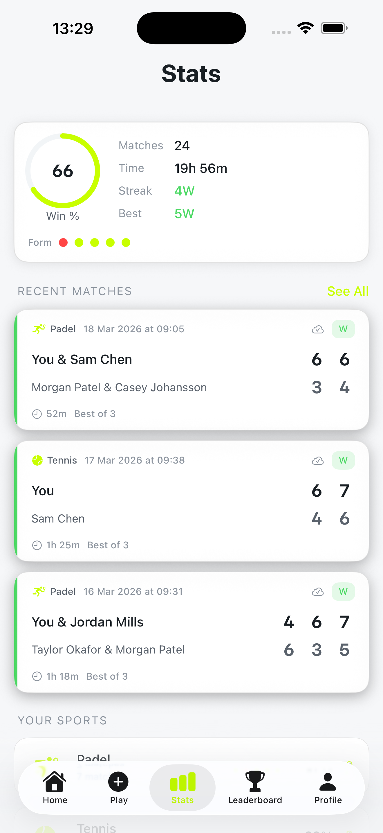 Stats overview showing 66% win rate and recent matches